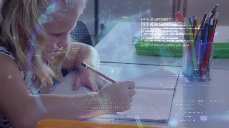 Animation of data processing over woman using laptop