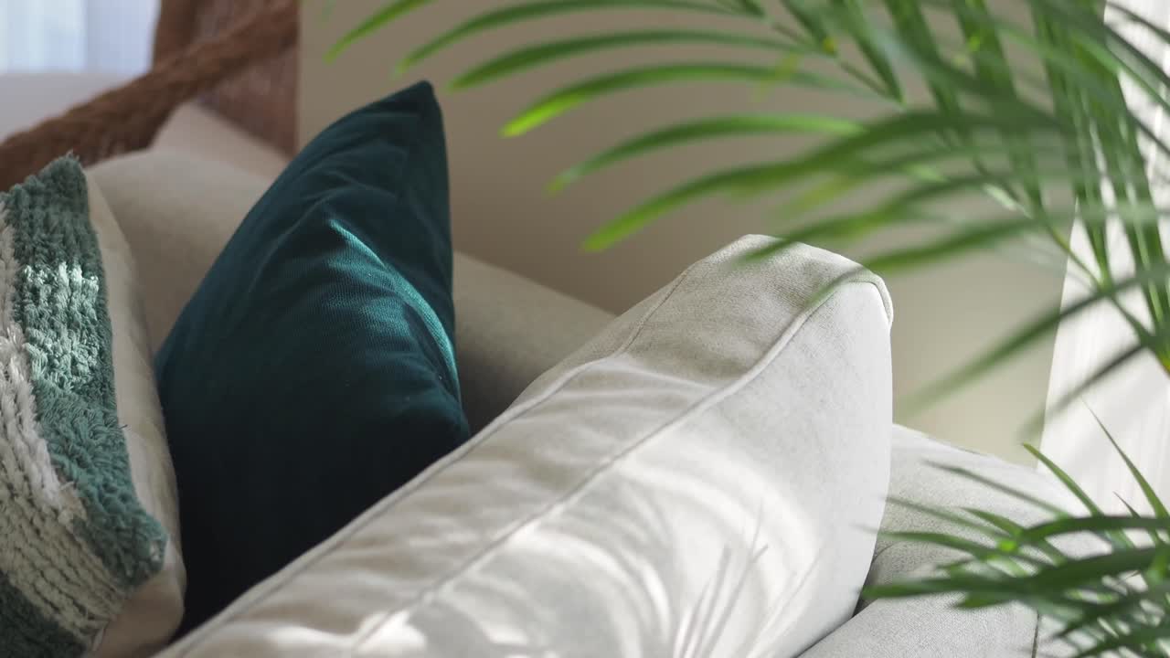 Close-up of Pillows on a Couch with Palm Leaves