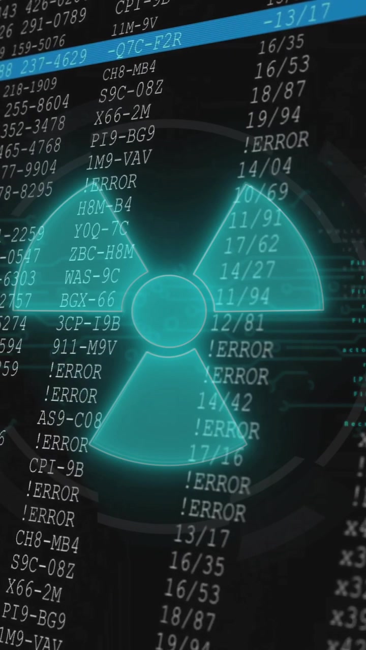 Nuclear hazard symbol animation over error codes and data on black background