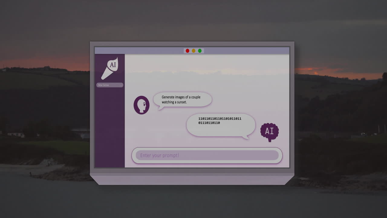 animación de los resultados de salida de ai según la entrada del usuario en la computadora portátil sobre la silueta del mar contra las montañas