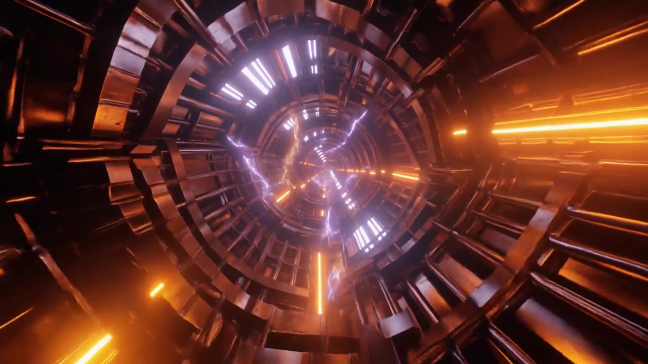 Tunnel Astratto Futuristico con Luci Arancioni Incandescenti e Archi Elettrici