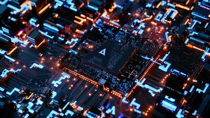 Concept video futuristico di tecnologia IA con un'angolazione ravvicinata e dall'alto su un circuito luminoso