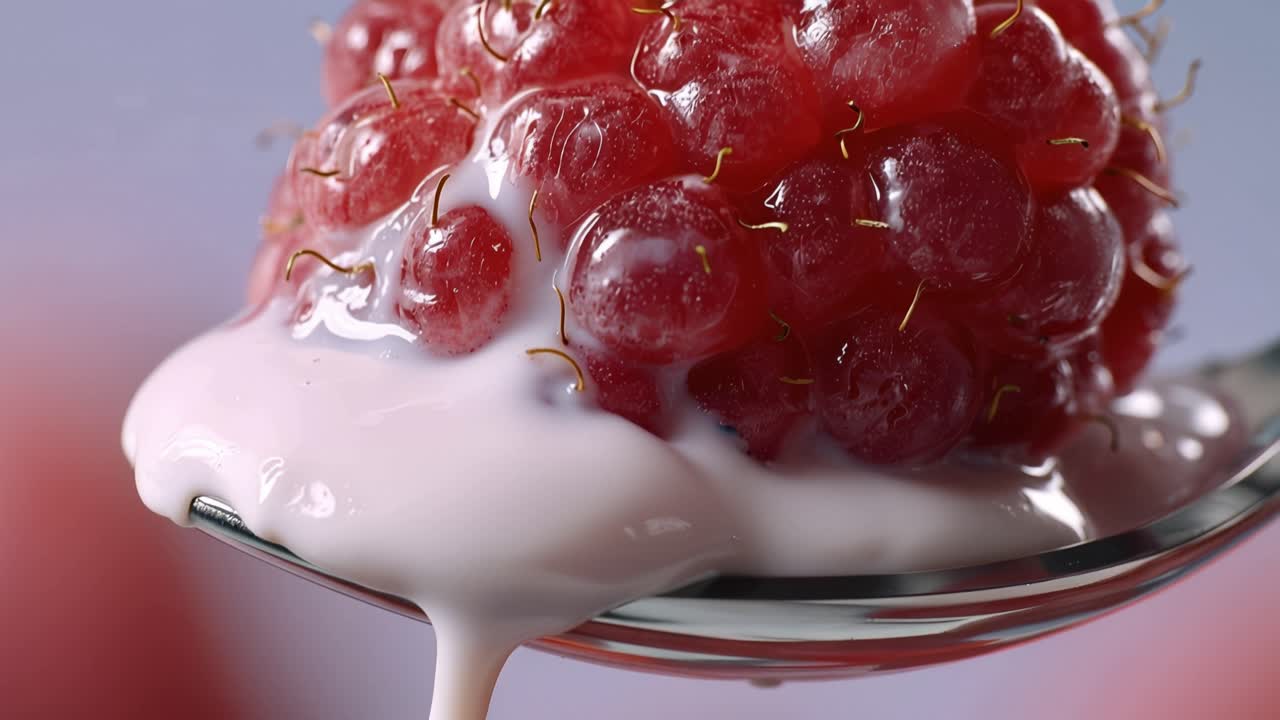 Fresh Raspberry with Pink Yogurt Dripping from a Spoon
