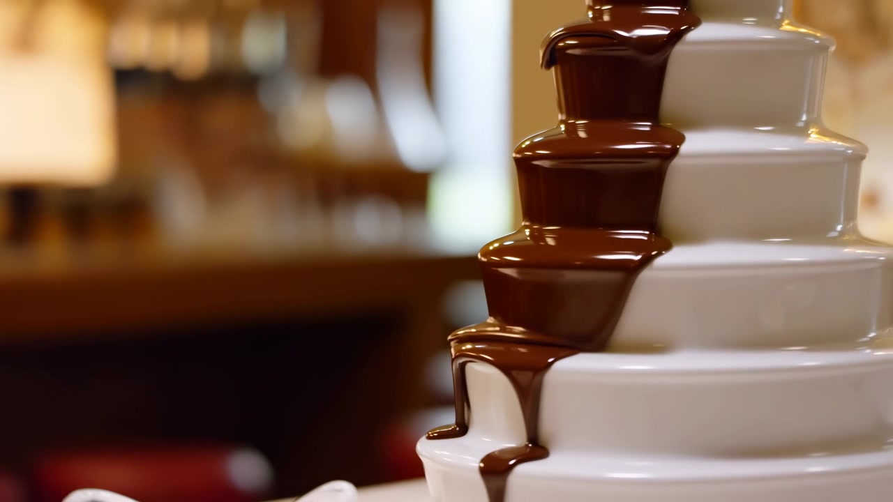 Primo piano dal lato destro di una fontana di cioccolato a più livelli che mostra cioccolato al latte lucido che scende a cascata su lisci livelli di ceramica bianca, formando gocce arrotondate, sottili