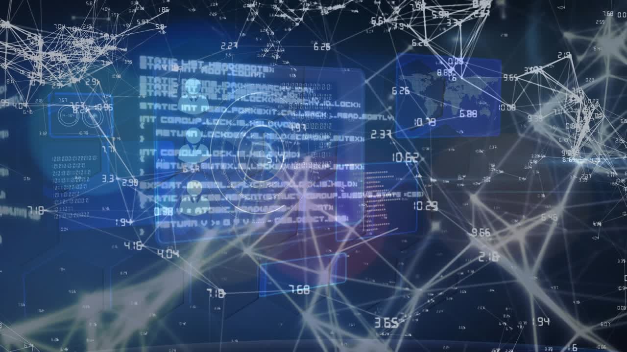 Animation of network of connections with numbers and screens on blue background
