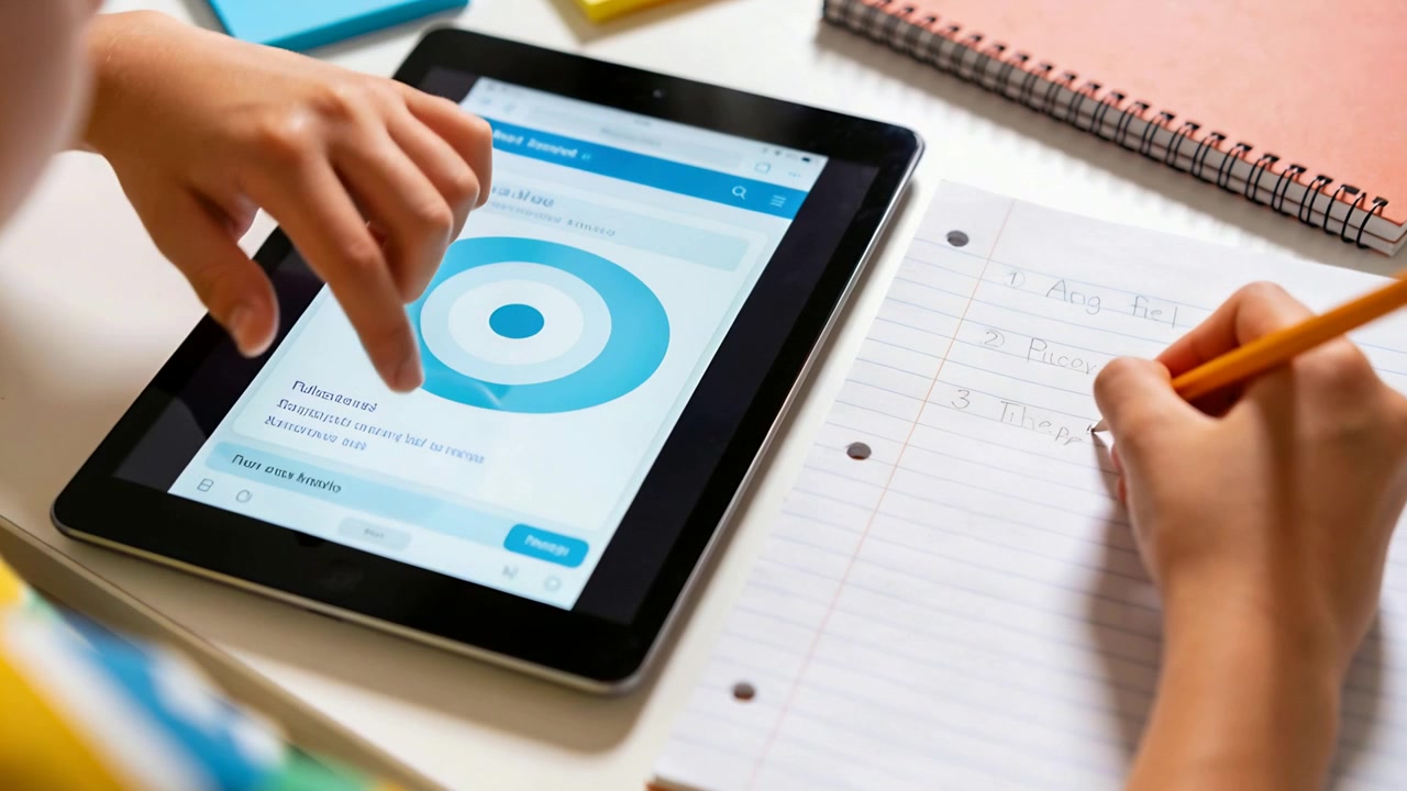 Student im gestreiften T-Shirt tippt auf ein Tablet mit Quiz und macht Notizen in einem Notizbuch am Schreibtisch, während er die Lektion vorantreibt.