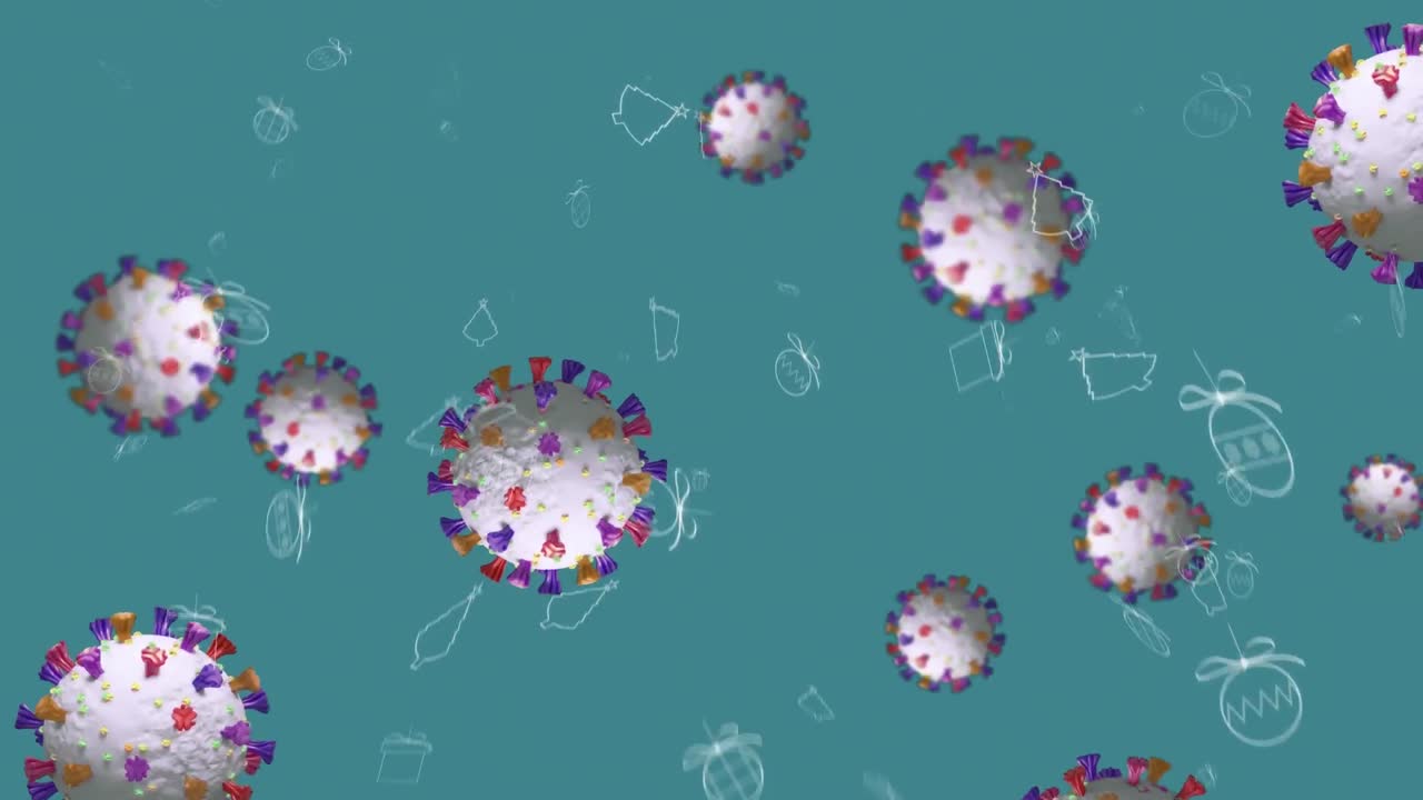 Animazione di cellule e icone Covid-19 su sfondo blu