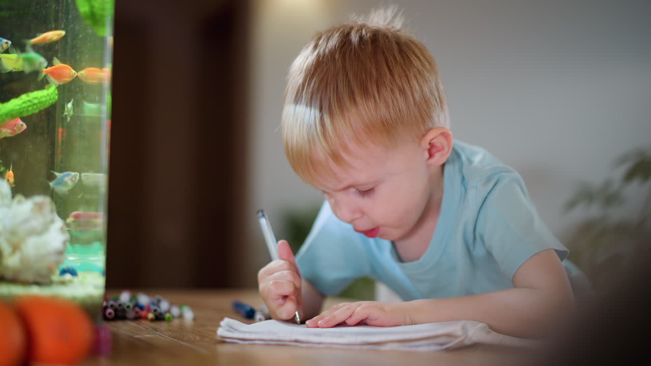 Boy in blue shirt holding pen writing in notebook on wooden table near aquarium with colorful fish, focusing on learning activity with concentration, curiosity, creativity, education, development, growth