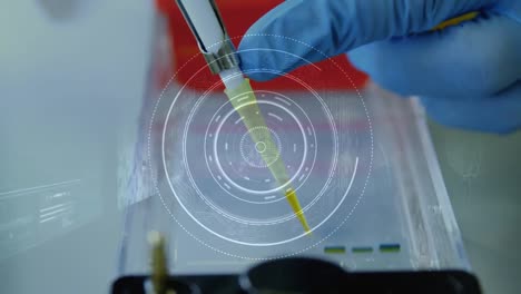 Animation of scope scanning and data processing over close up of scientist working in lab