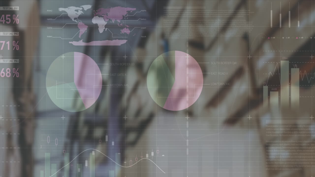 animación de datos financieros y gráficos sobre los paquetes en el almacén