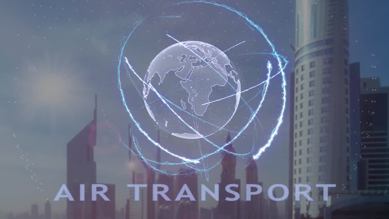 현대 대도시를 배경으로 지구의 3d 홀로그램을 가진 항공 교통 텍스트