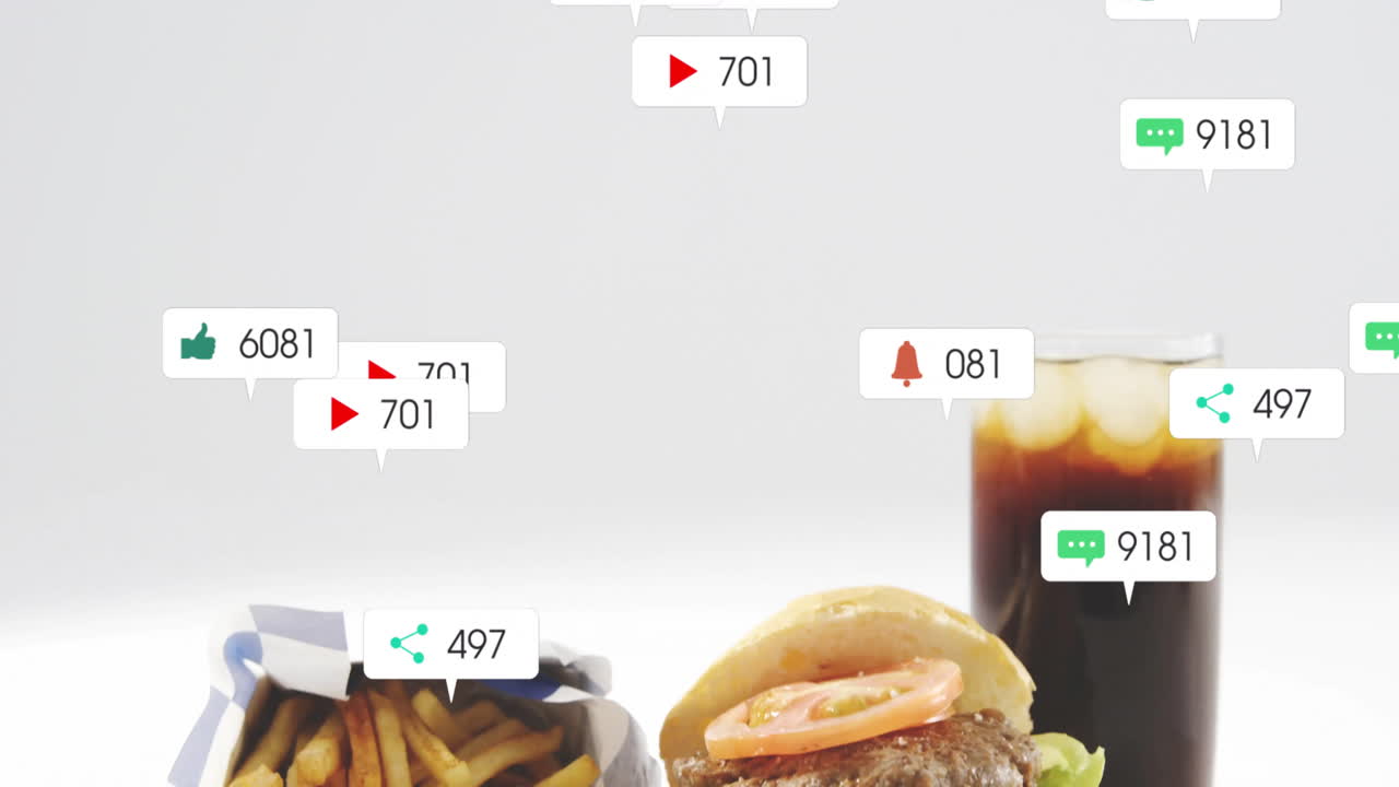 Animation of burger, fries, and drink with social media notifications above