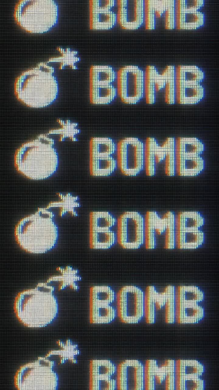 Stile videogioco retrò con un'angolazione ravvicinata che mostra icone e testo pixelati di bombe