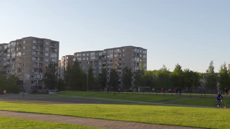 school yard with football field in a soviet planned district fabijoniskes in vilnius, lithuani, hbo chernobyl filming location