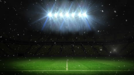 animation of snow falling over empty sports stadium with spotlights