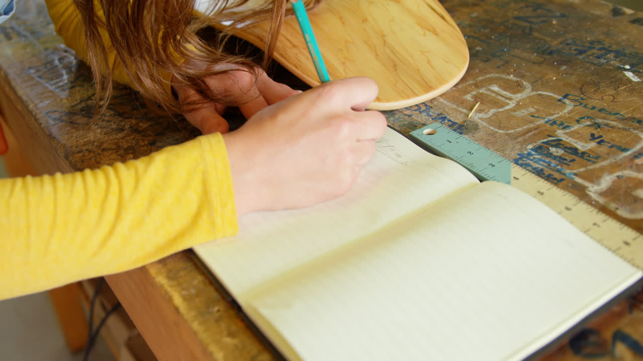 Close-up of young blonde woman writing in diary with pencil in a workshop 4k