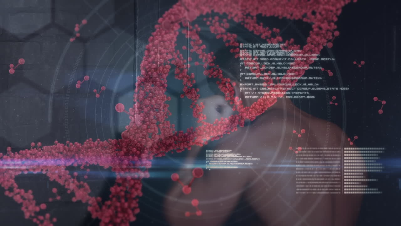 animación de la cadena de adn girando sobre el procesamiento de datos y ejercitando hombre fuerte