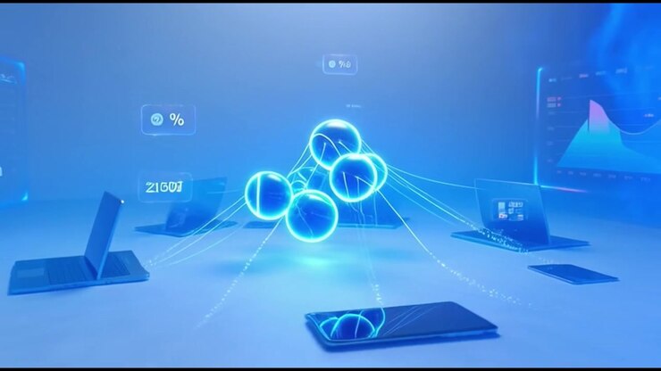 Laptops and Tablets Connected to Central Data Network Visualization