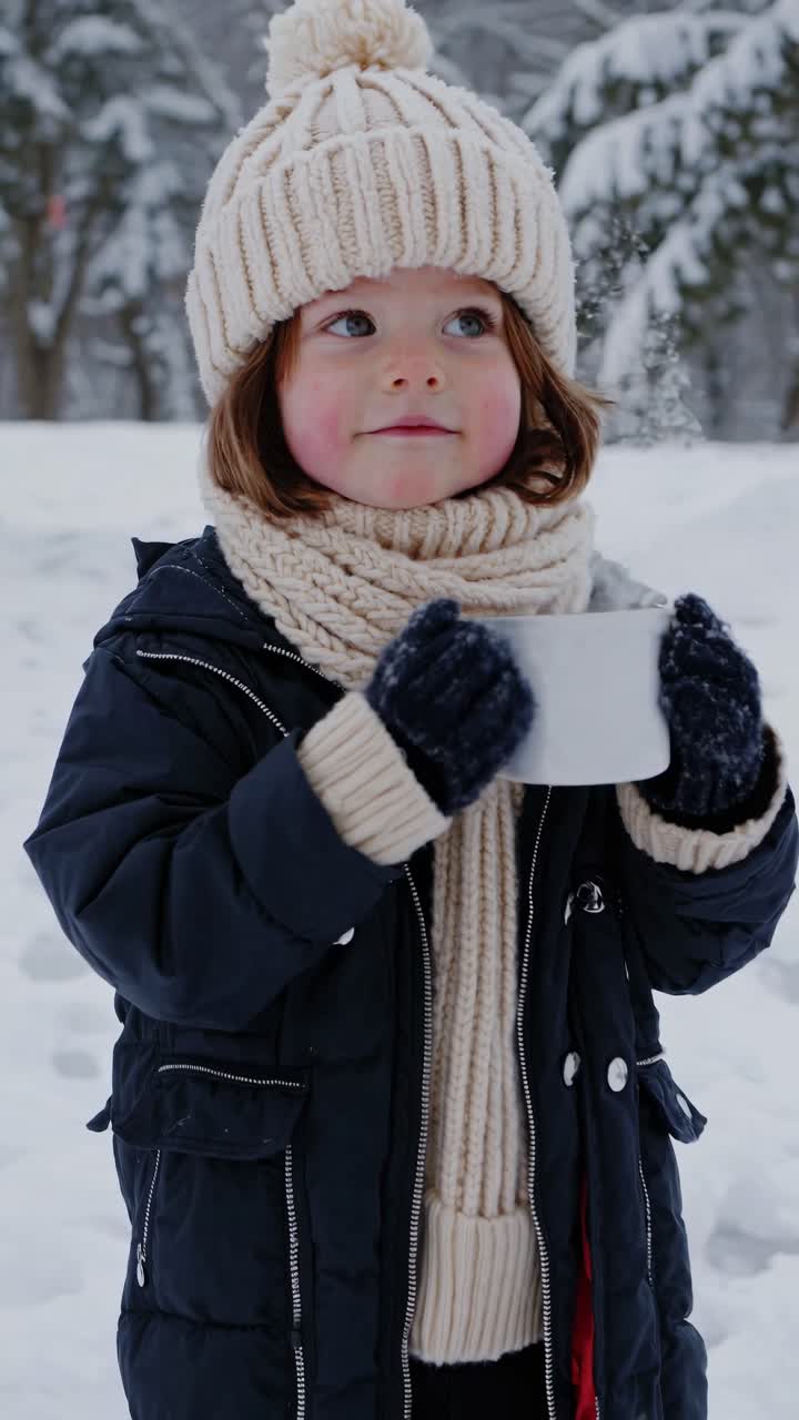 A cozy winter scene with a child in knitwear holding a cup, captured from a low angle