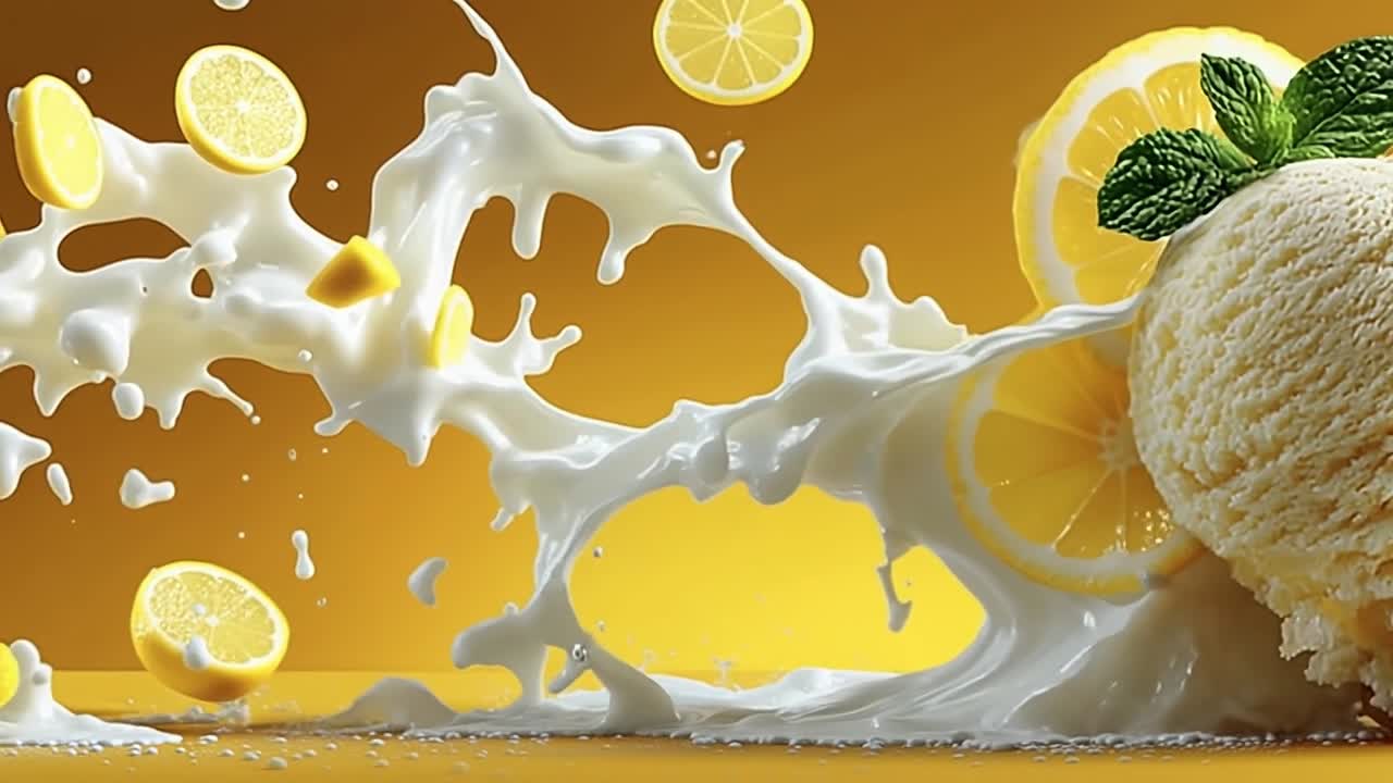 Lemon ice cream splashing in creamy milk. Lemon ice cream splashes in milk, surrounded by lemon slices on a cheerful yellow background.