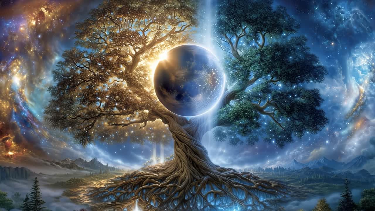 Starry cosmic tree of life. A majestic tree connects the earth and universe with vibrant colors, glowing elements, and celestial motifs.