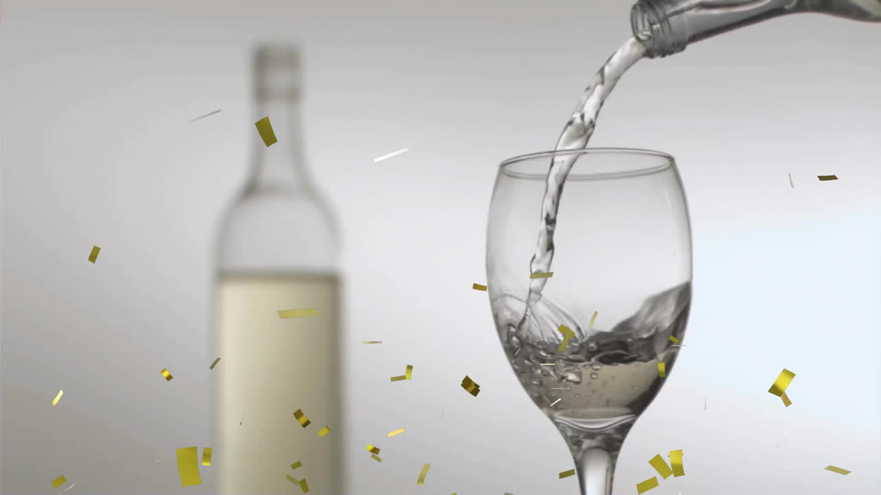 Animation of confetti over white wine pouring into glass on white background