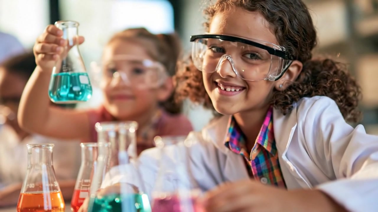 Giovane scienziato di laboratorio che conduce un esperimento colorato con vetreria