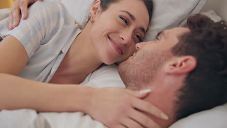 Face,-love-and-smile-with-a-couple-in-bed-together
