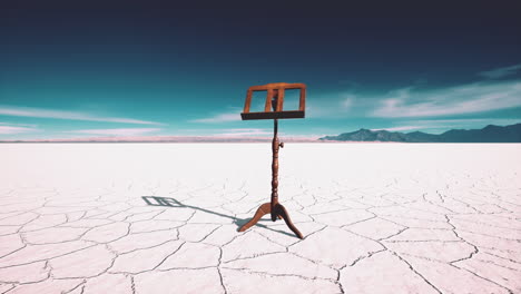 an old music stand is on white salt desert