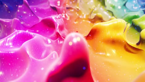 smooth abstract animation of liquid gradient rainbow color in 4k. bright glossy paint surface as abstract looped festive background. glitters on viscous liquid with 3d splashes on surface like drops.