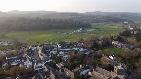 cinematic aerial drone footage of cartmel village and cartmel priory