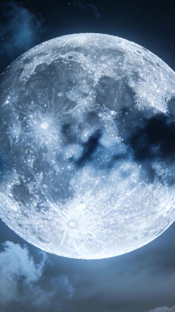 Vídeo vertical: Nuvem escura à deriva cruzando a lua cheia à noite, impulsionada pelo vento, revelando brilhos