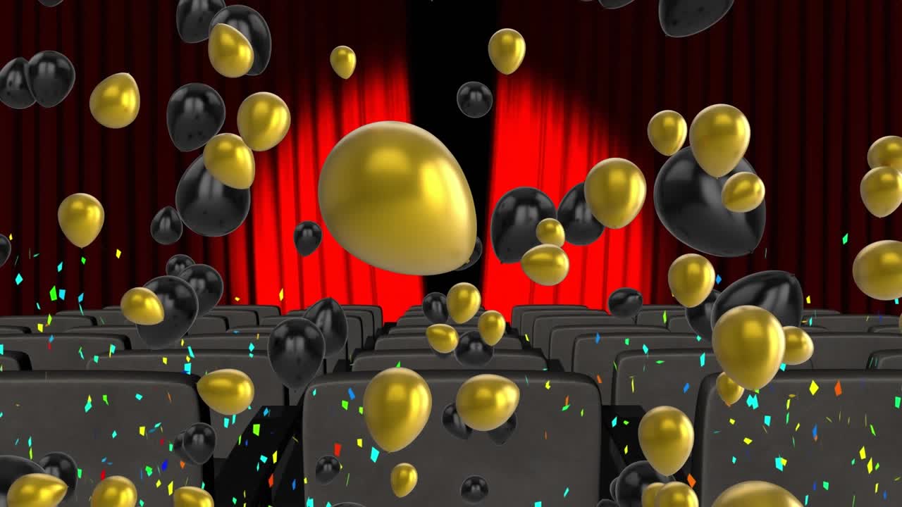 Animation de ballons flottants et de confettis colorés tombant sur une salle de cinéma