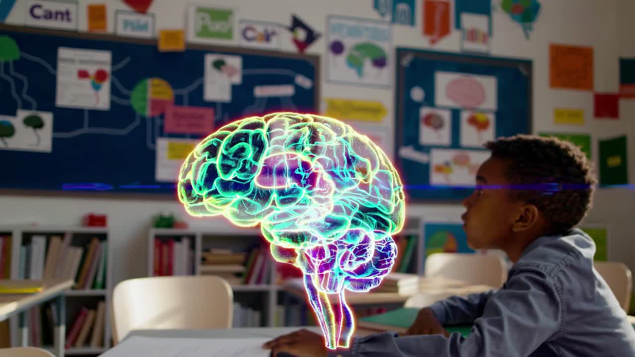 Side view of a child in a classroom, focused on a holographic brain