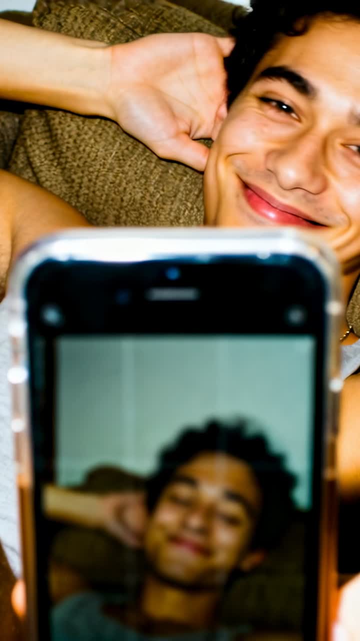 Uomo sdraiato sul divano che tiene lo smartphone verso la fotocamera, mostrando un selfie sfocato e sorridendo per i social media.