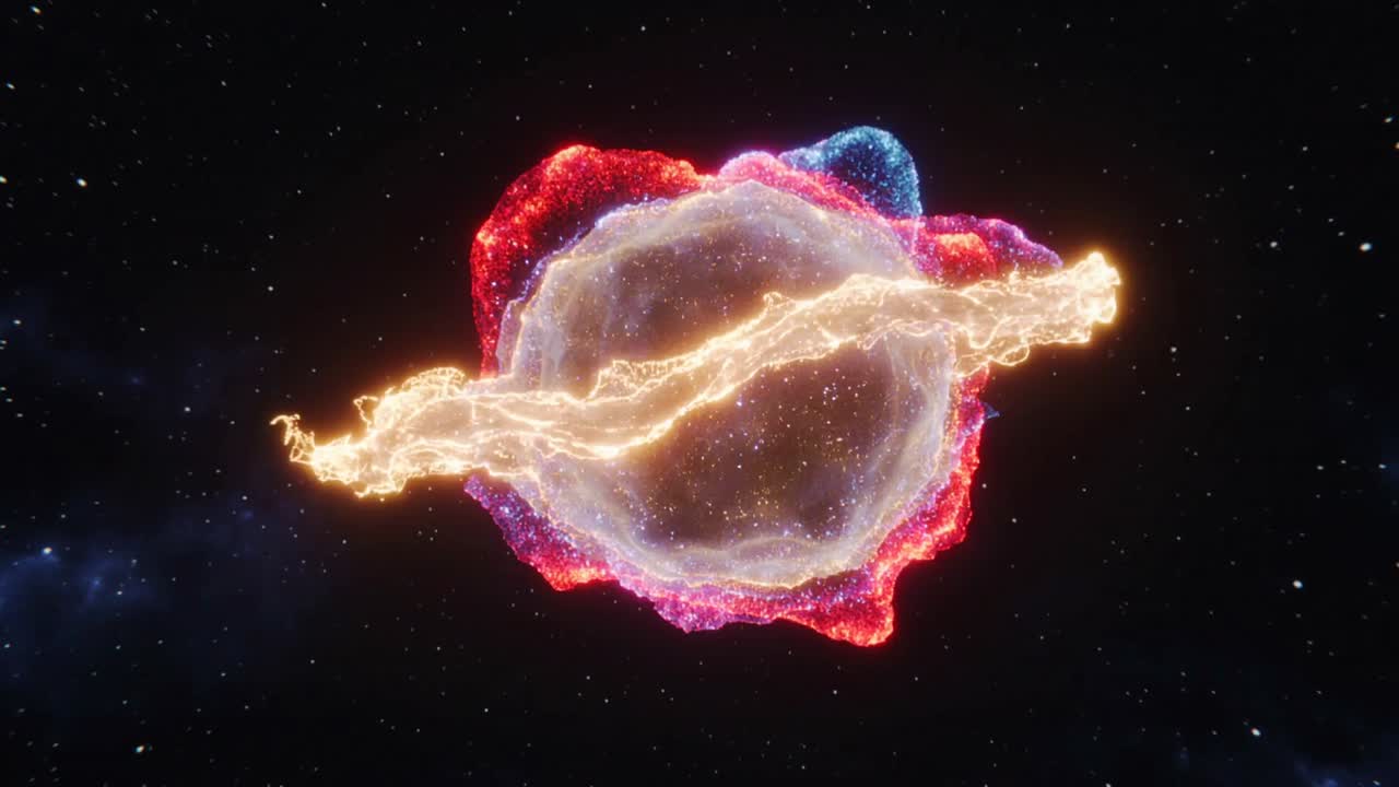 Starting frames cloud shifting right, golden ribbon rippling, rim pulsing, shedding sparks in space