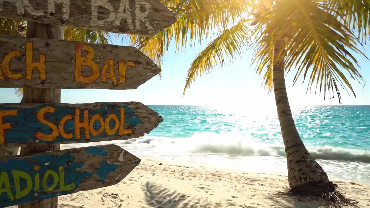 Una serena scena di spiaggia tropicale con cartelli direzionali per bar sulla spiaggia, scuola di surf e paradiso, tra lussureggianti palme sotto un cielo luminoso e soleggiato.
