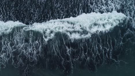 birds eye drone footage of waves breaking over a black sand beach in iceland