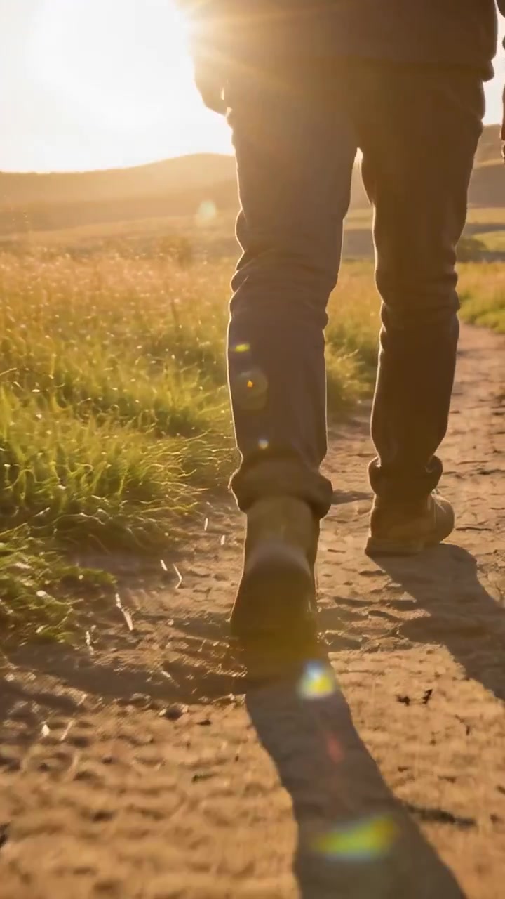 Video verticale: Uomo con pantaloni scuri e stivali marroni che fa il primo passo su un sentiero sterrato rurale, con il sole che irradia.