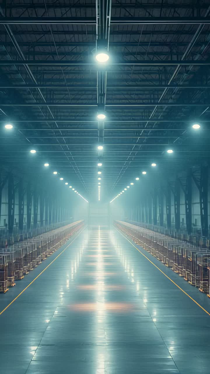 Vertical video: Lights brightening, camera moving down aisle past pallets, revealing distant haze