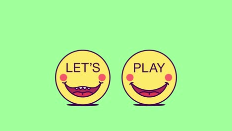2 jumping emoji faces with phrase lets play. gaming emoticon with text lets play. cartoon looped animation