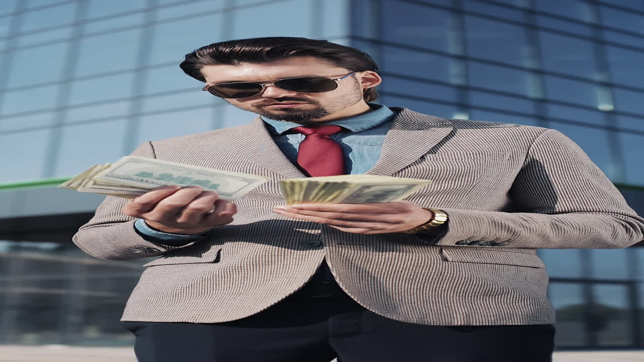 Uomo d'Affari Fiducioso che Conta Banconote da Dollaro USA all'Aperto