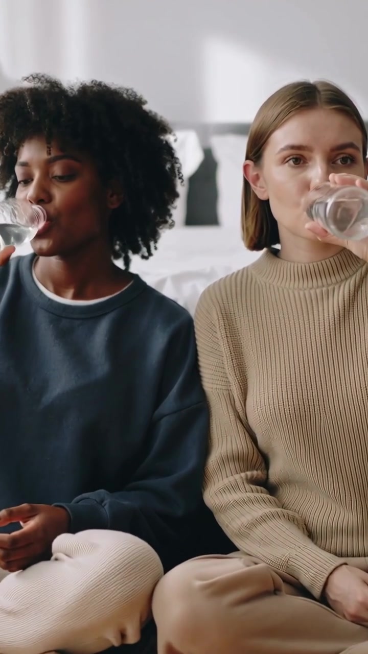 Vertical video: Lifting bottle, right woman leading pals drinking water by bed, hydrating in sweats