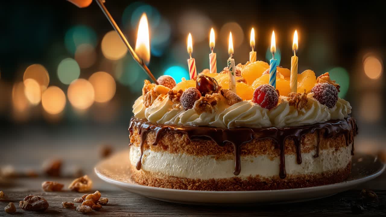 Celebratory Dessert Showcase: A Deliciously Decorated Cake Adorned with Fresh Fruits and Colorful Candles Illuminating the Joyous Atmosphere