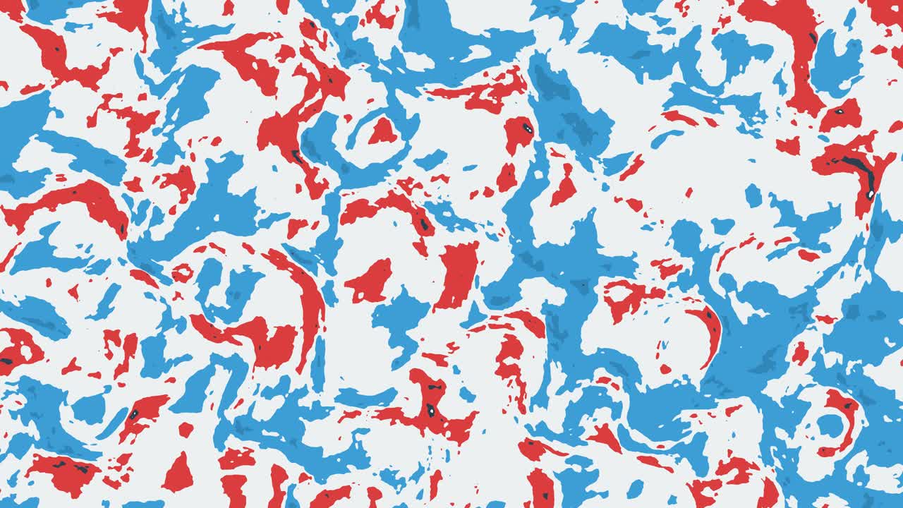 색 배경에서 움직이는 빨간색과 파란색의 은 모양의 추상적인 애니메이션.