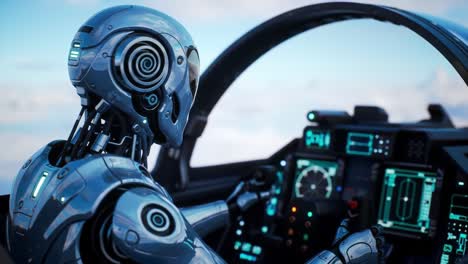 a futuristic pilot: high-tech robot operating advanced aviation controls in the sky, showcasing innovation in robotics and aeronautics