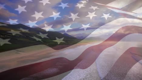 Digitale-Komposition-Der-Schwenkenden-US-Flagge-Vor-Der-Luftaufnahme-Von-Strand--Und-Meereswellen