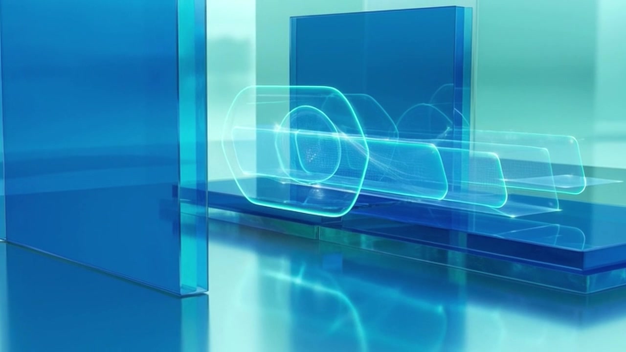 Abstraktní 3D motion grafika s modrými skleněnými panely a digitálním rozhraním
