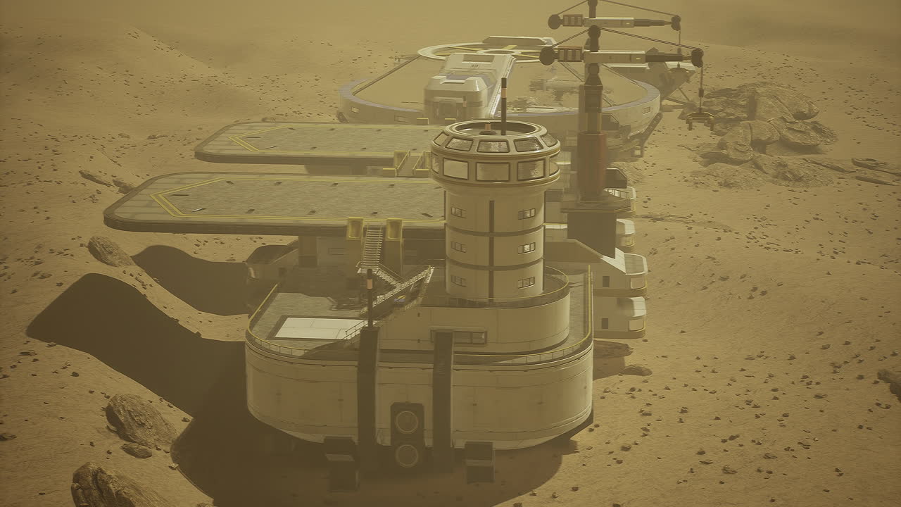 Advanced research facility on a distant planet during a dusty day