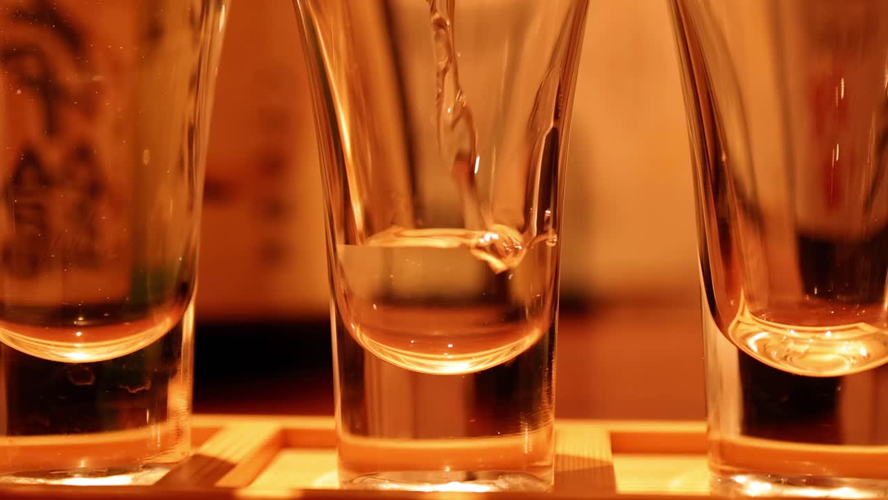 secuencia de sake que se vierte en vasos